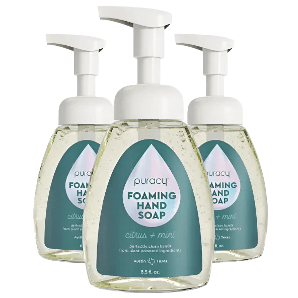 Puracy lavender vanilla foaming hand soap bottles, set of 3, with pump dispensers, showcasing the product's elegant packaging.