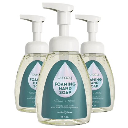 Puracy lavender vanilla foaming hand soap bottles, set of 3, with pump dispensers, showcasing the product's elegant packaging.
