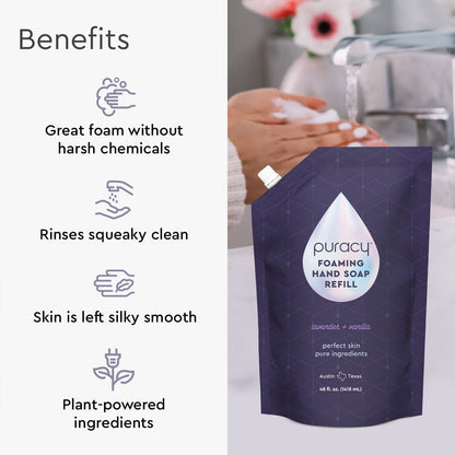 Puracy lavender vanilla foaming hand soap bottles, 3-pack, with pump dispensers, on a clean bathroom counter.