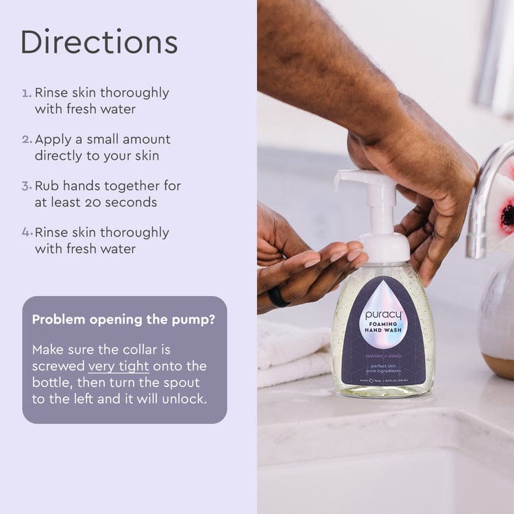 Puracy lavender vanilla foaming hand soap in a pump bottle, set of three with gentle, natural cleansing formula.