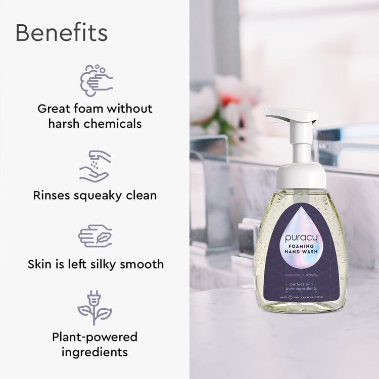 Set of three Puracy foaming hand soaps in lavender vanilla scent, showcasing the bottles with pump dispensers.