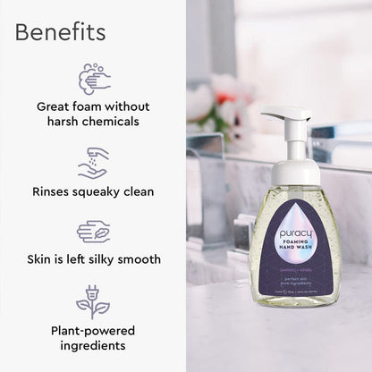 Set of three Puracy foaming hand soaps in lavender vanilla scent, showcasing the bottles with pump dispensers.