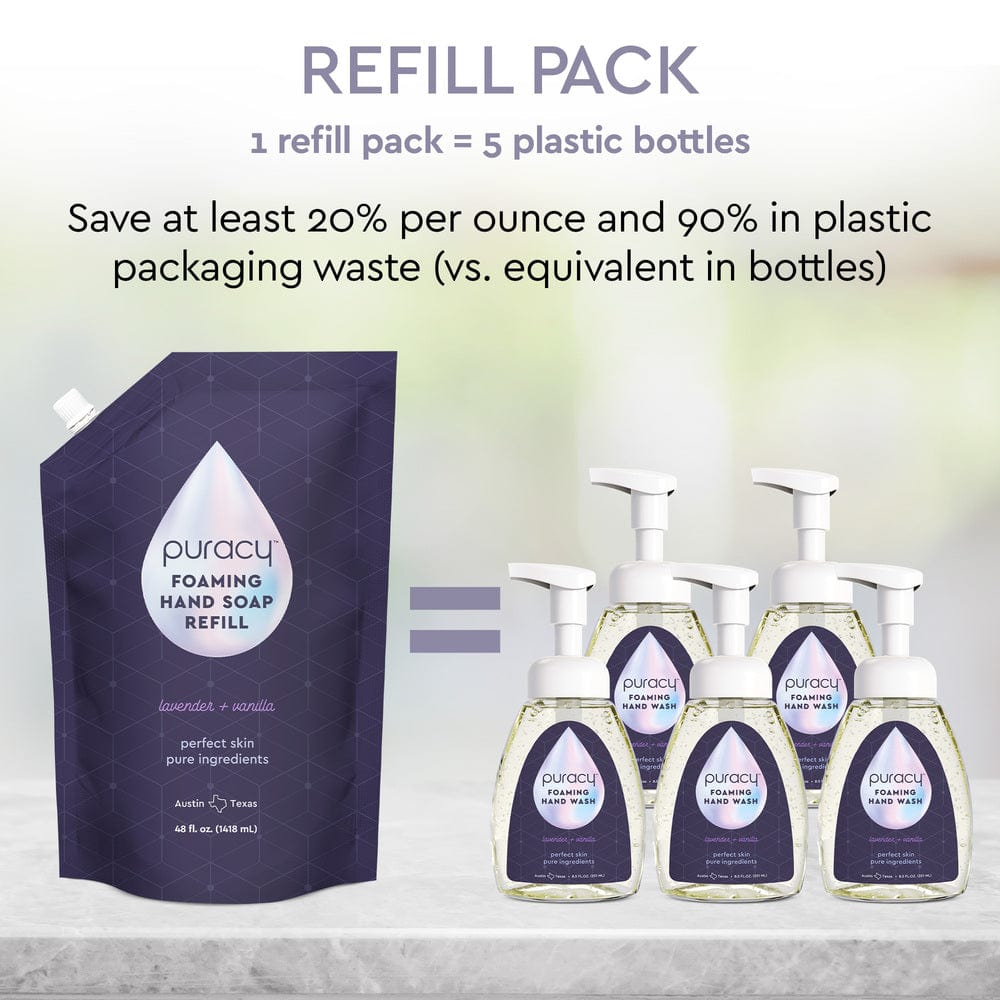 Set of three Puracy foaming hand soap bottles in lavender vanilla scent, featuring pump dispensers and sleek white bottles.