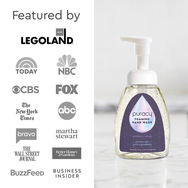 Puracy lavender vanilla foaming hand soap set of 3 bottles with pump dispensers, gentle and moisturizing for hand washing.