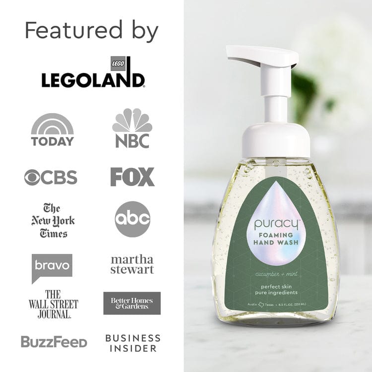 Set of three Puracy foaming hand soap bottles with lavender vanilla scent, featuring clear dispensers and pump tops.