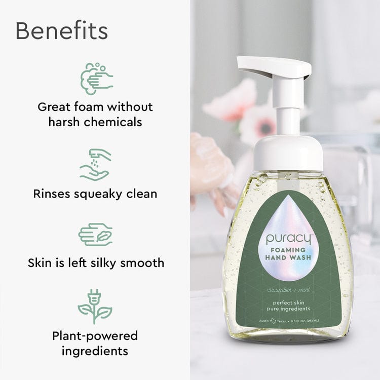 Set of three Puracy foaming hand soap bottles with lavender vanilla scent, featuring sleek pump dispensers and clean packaging.