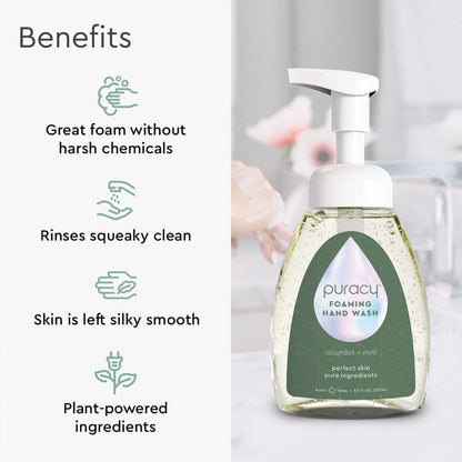 Set of three Puracy foaming hand soap bottles with lavender vanilla scent, featuring sleek pump dispensers and clean packaging.