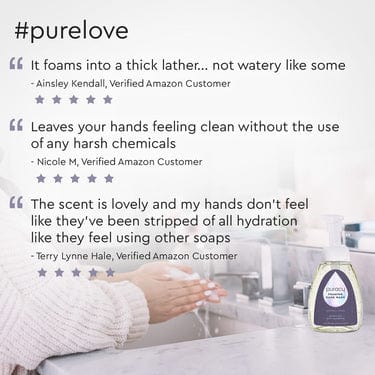 Set of three Puracy foaming hand soap bottles with lavender vanilla scent, showcasing the sleek pump design and clean label.
