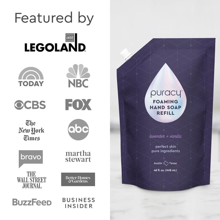 Puracy lavender vanilla foaming hand soap in a pump bottle, shown in a pack of three with floral lavender and vanilla scent.