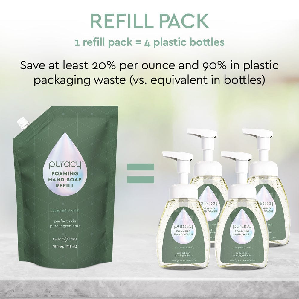 Set of three Puracy foaming hand soaps with lavender vanilla scent, featuring elegant pump bottles and label designs.