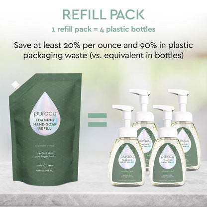 Set of three Puracy foaming hand soaps with lavender vanilla scent, featuring elegant pump bottles and label designs.