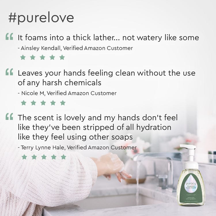 Puracy lavender vanilla foaming hand soap set of three bottles, gentle and moisturizing hand soap with natural scent.
