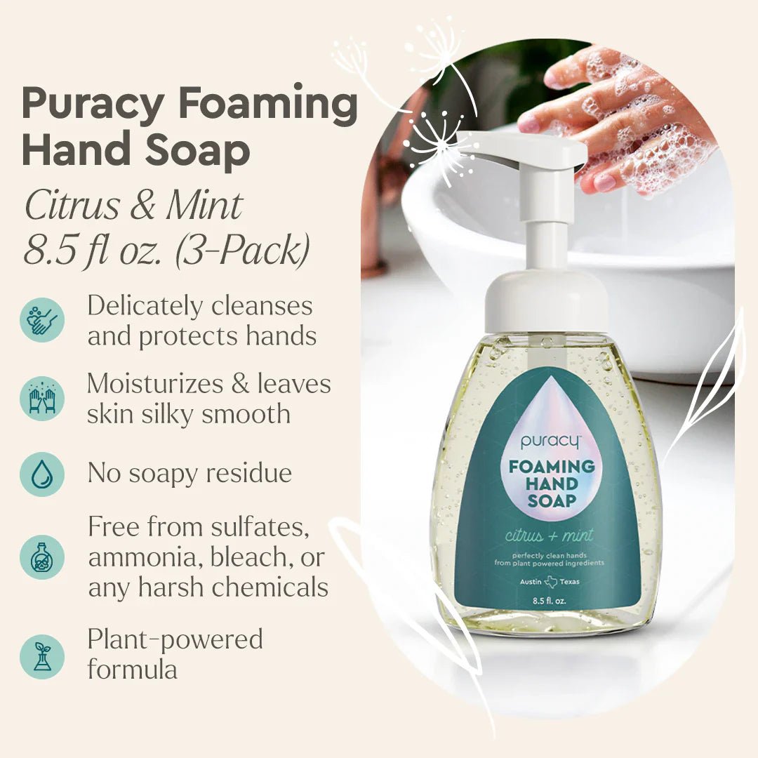 Puracy lavender vanilla foaming hand soap bottles in a standard pack of three, showing the product label and packaging.