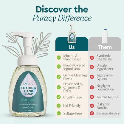 Puracy lavender vanilla foaming hand soap in a standard pack of three bottles, showing the soap with lavender and vanilla scent.