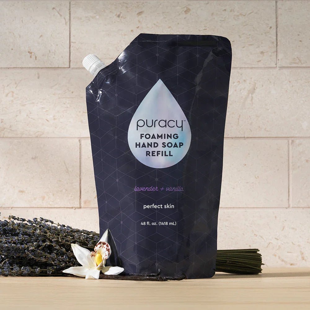 Puracy lavender vanilla foaming hand soap bottles in a pack of three, featuring a gentle, aromatic cleansing formula.