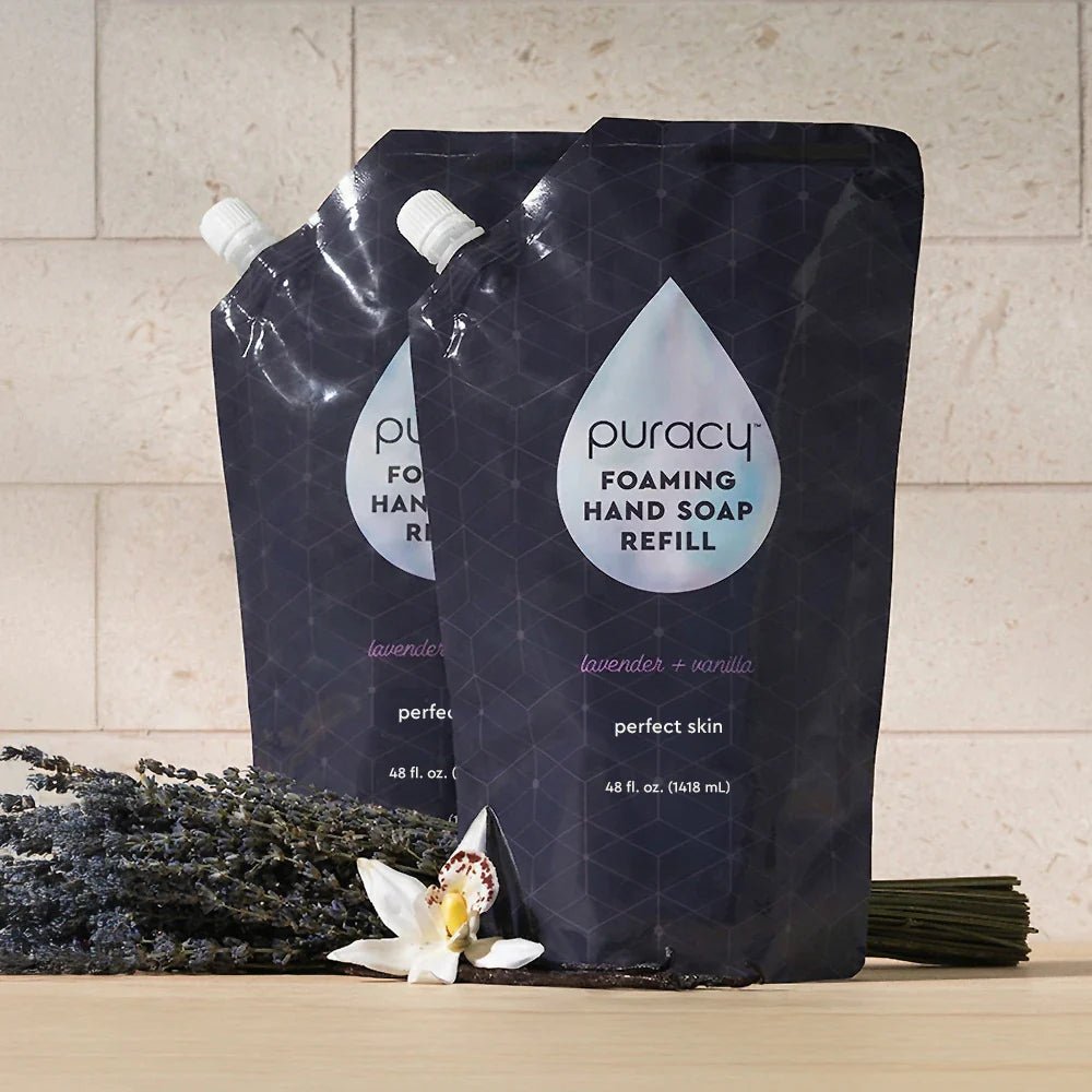 Puracy lavender vanilla foaming hand soap set of 3 bottles with gentle, fragrant formula for clean, refreshed hands.