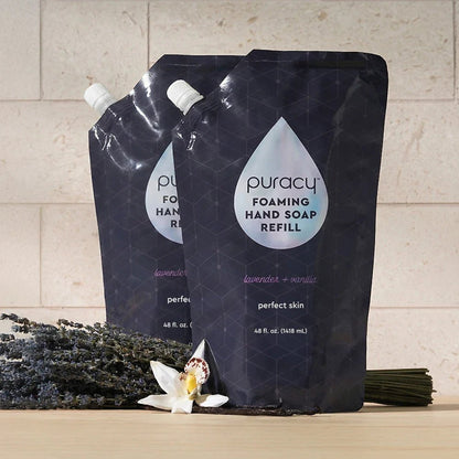 Puracy lavender vanilla foaming hand soap set of 3 bottles with gentle, fragrant formula for clean, refreshed hands.