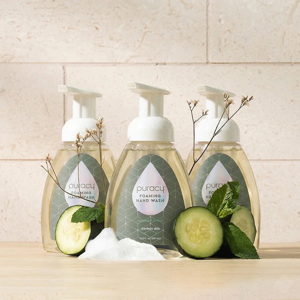 Puracy foaming hand soap in lavender vanilla scent, three-pack, with pump dispenser bottles, showing the soap's label and packaging