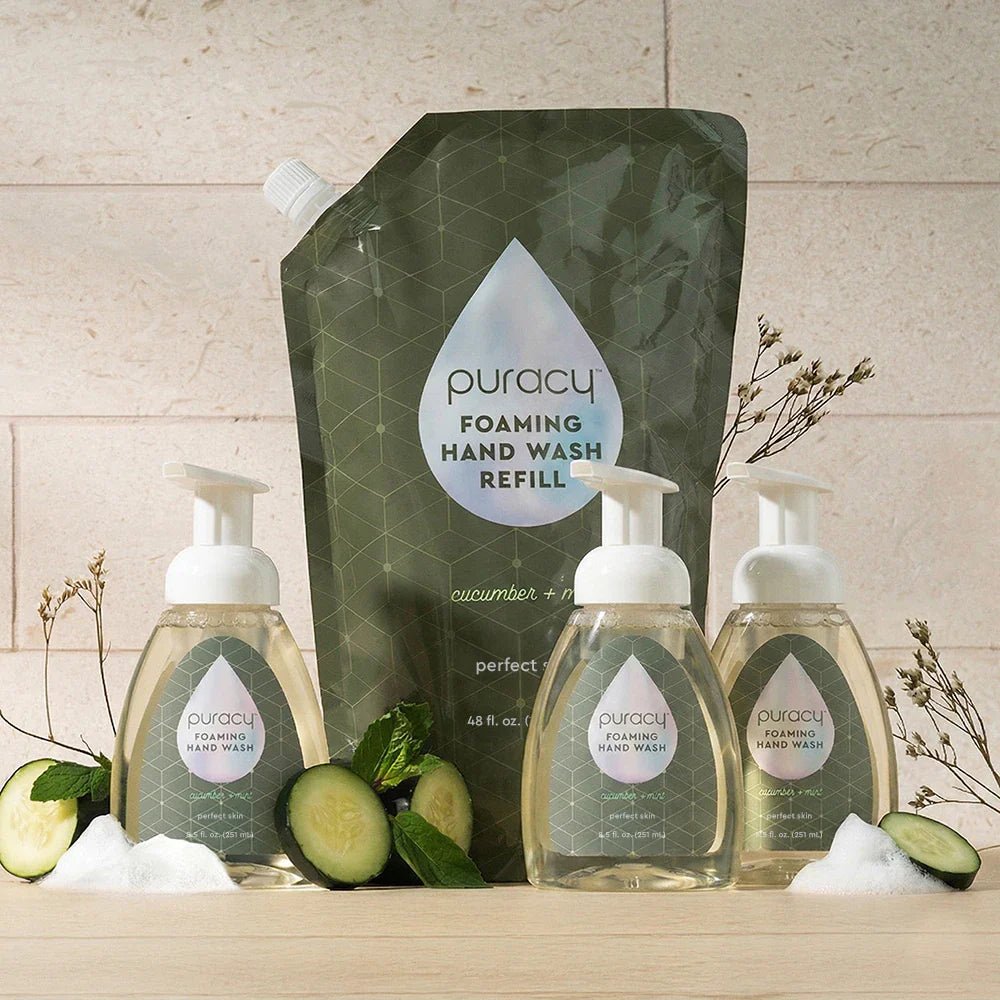 Puracy lavender vanilla foaming hand soap bottles, set of 3, with pump dispensers and lavender vanilla scent.