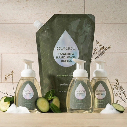Puracy lavender vanilla foaming hand soap bottles, set of 3, with pump dispensers and lavender vanilla scent.