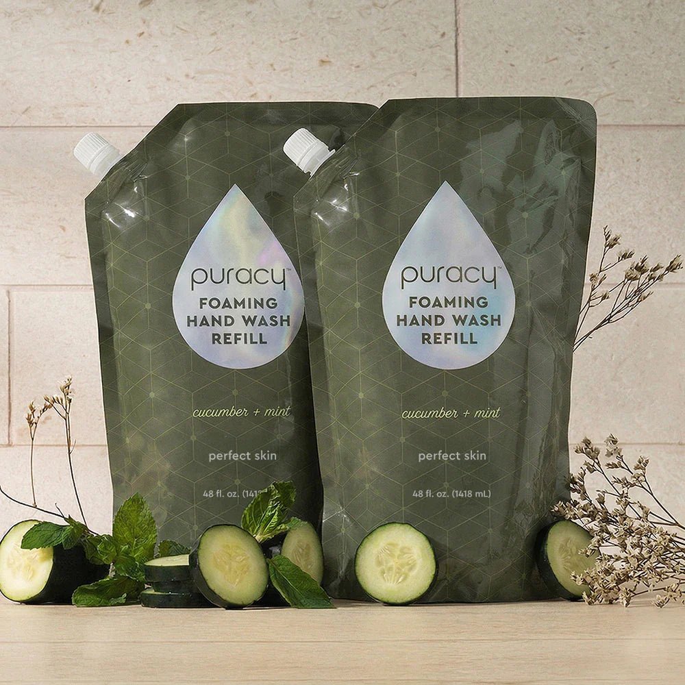 Puracy lavender vanilla foaming hand soap bottles in a standard pack of three, showcasing the elegant soap dispenser design.