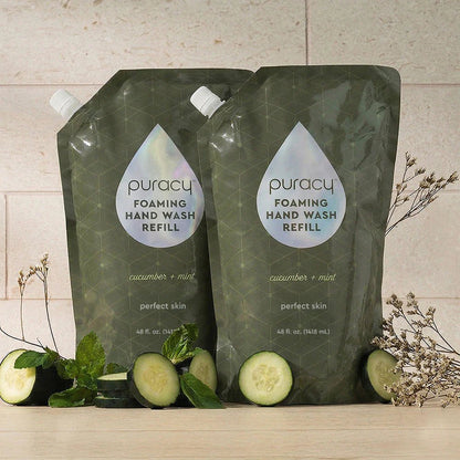 Puracy lavender vanilla foaming hand soap bottles in a standard pack of three, showcasing the elegant soap dispenser design.