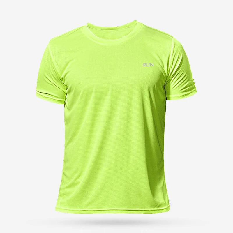 Green men's bodybuilding shirt from Pure Fitness Store, short sleeve, quick-dry fabric, oversized fit, ideal for gym and running.