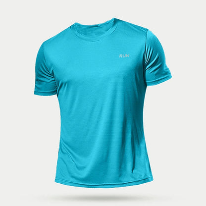 Green men's quick-dry bodybuilding shirt with short sleeves, lightweight fitness top for gym and running by Pure Fitness Store.