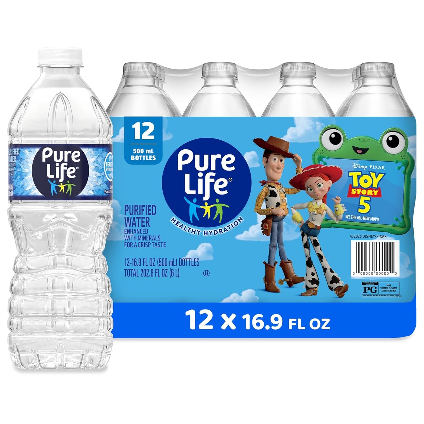 Pure Life purified bottled water, 16.9 oz, 15-pack with Toy Story 5 themed packaging, enhanced with minerals for a crisp taste.