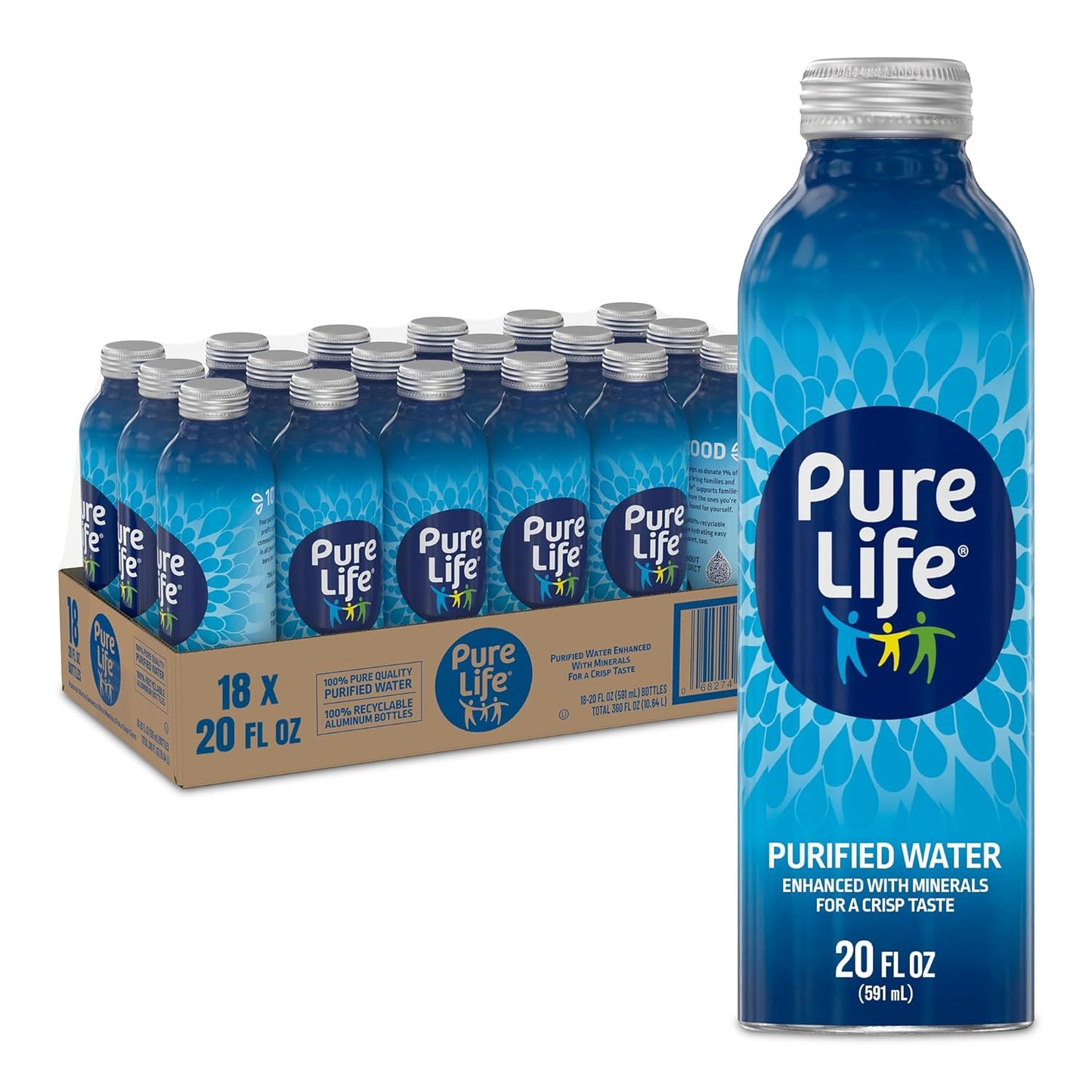 Pure Life purified bottled water in 20 fl oz aluminum bottles, 18-pack, still water enhanced with minerals for crisp taste.