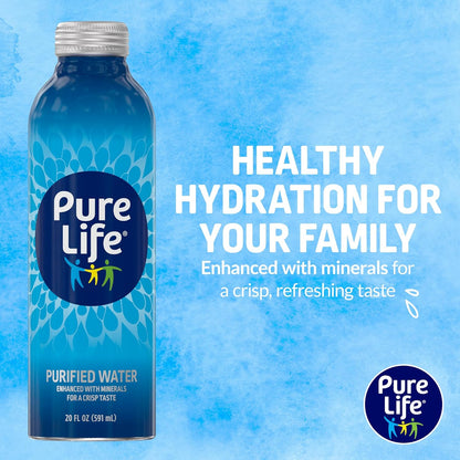 Pure Life 18-pack of 20 fl oz aluminum bottles of purified bottled water with minerals for a crisp taste.