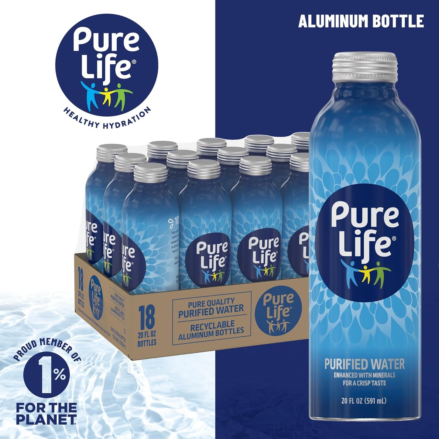 Pure Life purified bottled water in aluminum bottles, 20 fl oz, 18-pack, still water with minerals for a crisp taste.