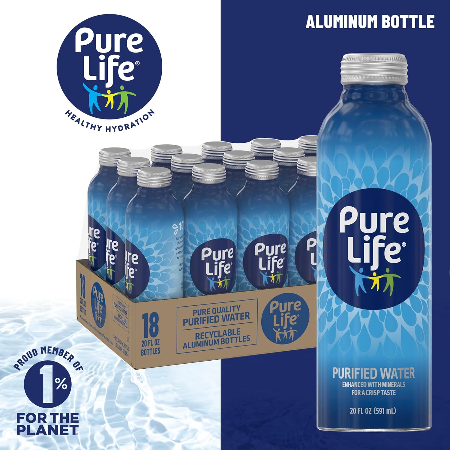 Pure Life purified bottled water in aluminum bottles, 20 fl oz, 18-pack, still water with minerals for a crisp taste.