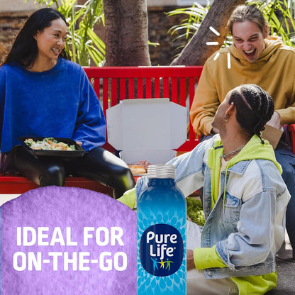 Pure Life purified bottled water in 20 fl oz aluminum bottles, 18-pack, with minerals for a crisp, refreshing taste.