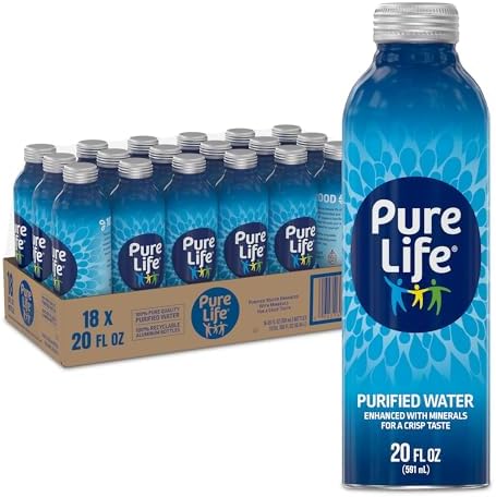 Pure Life 18-pack of 20 fl oz aluminum bottles of purified bottled water with minerals for a crisp taste.