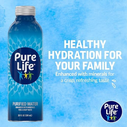 Pure Life purified bottled water in 18 aluminum bottles, 20 fl oz each, with minerals for a crisp taste, still hydration.