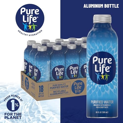 Pure Life purified bottled water in 20 fl oz aluminum bottles, 18-pack, with minerals for a crisp, refreshing taste.