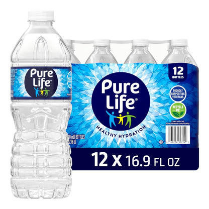 12-pack of Pure Life purified water bottles, 16.9 fl oz plastic bottles with mineral enhancement for a crisp taste.