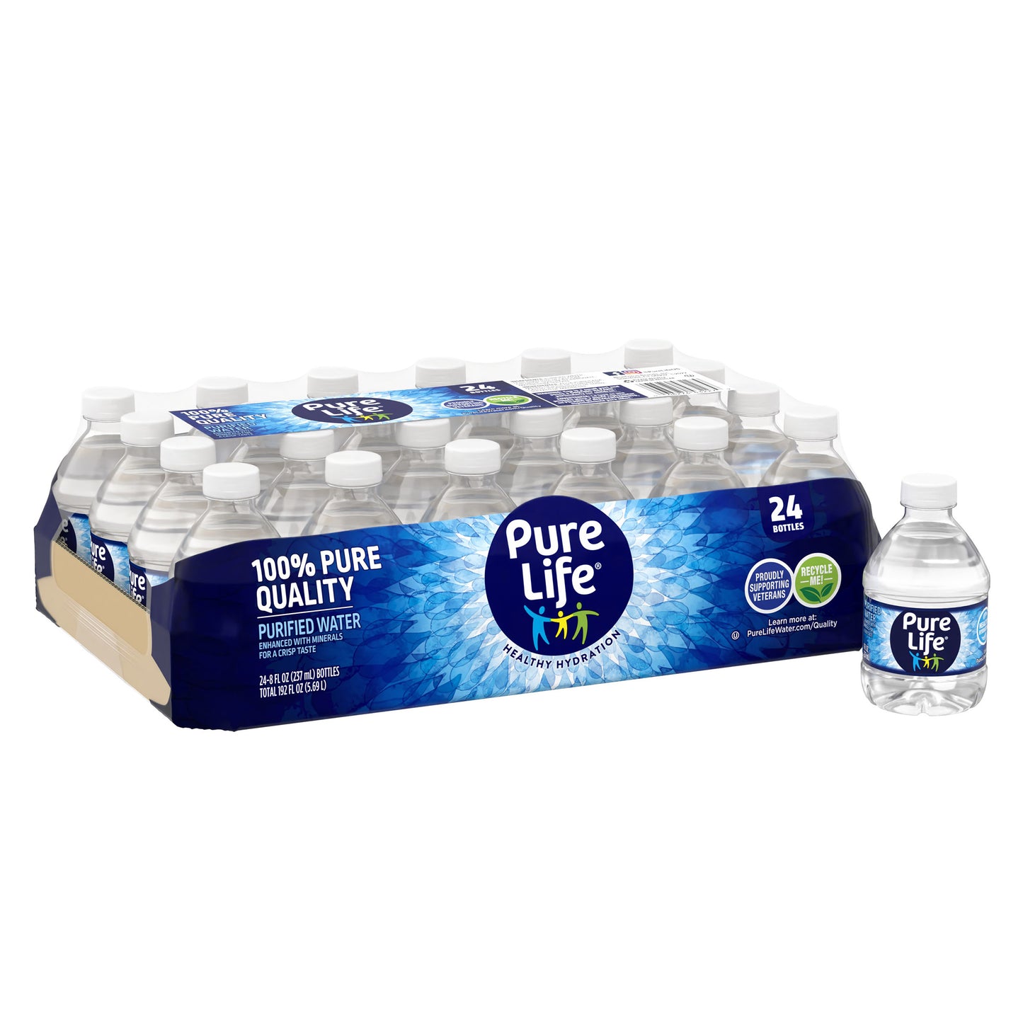 Pack of 24 Pure Life Purified Water bottles, 8 fl oz each, with clear plastic bottles and blue caps, arranged in a box.