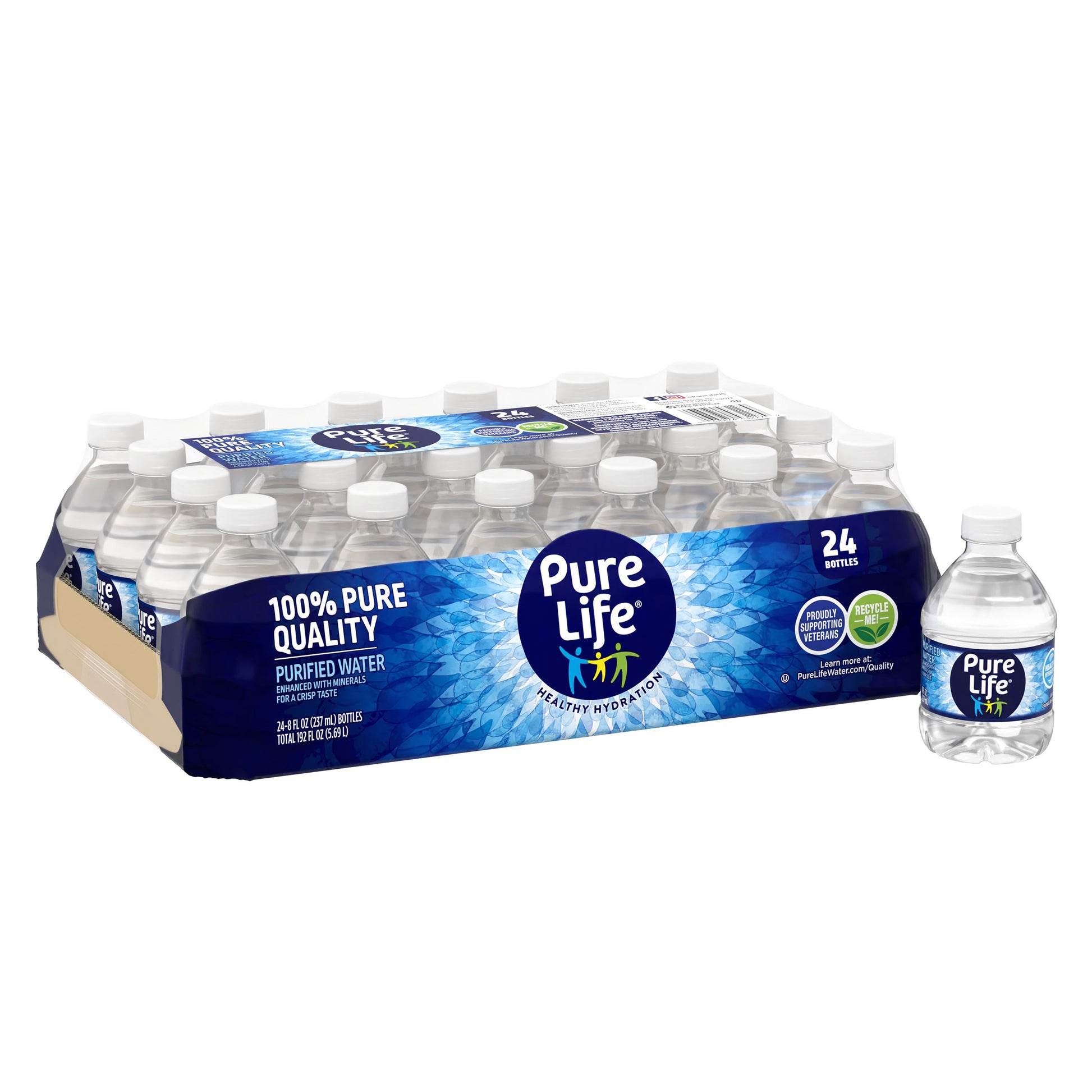 Pack of 24 Pure Life Purified Water bottles, 8 fl oz each, with clear plastic bottles and blue caps, arranged in a box.