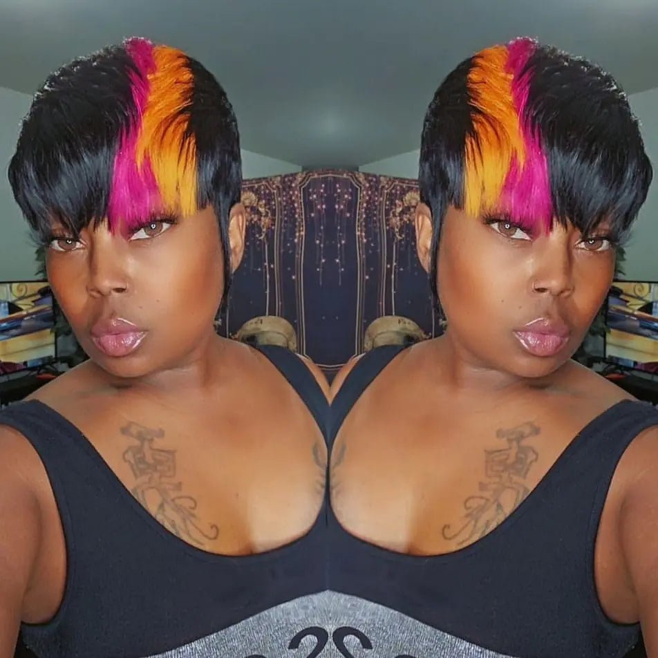 PurpleSexy Pixie Cut Wigs for Black Women Short Layered Pixie Wigs Human Hair Wigs Brazilian Virgin Human Hair Wigs With Bangs Glueless Full Machine Made Wigs (1b/orange/pink) - BACKUPMYFILESNOW