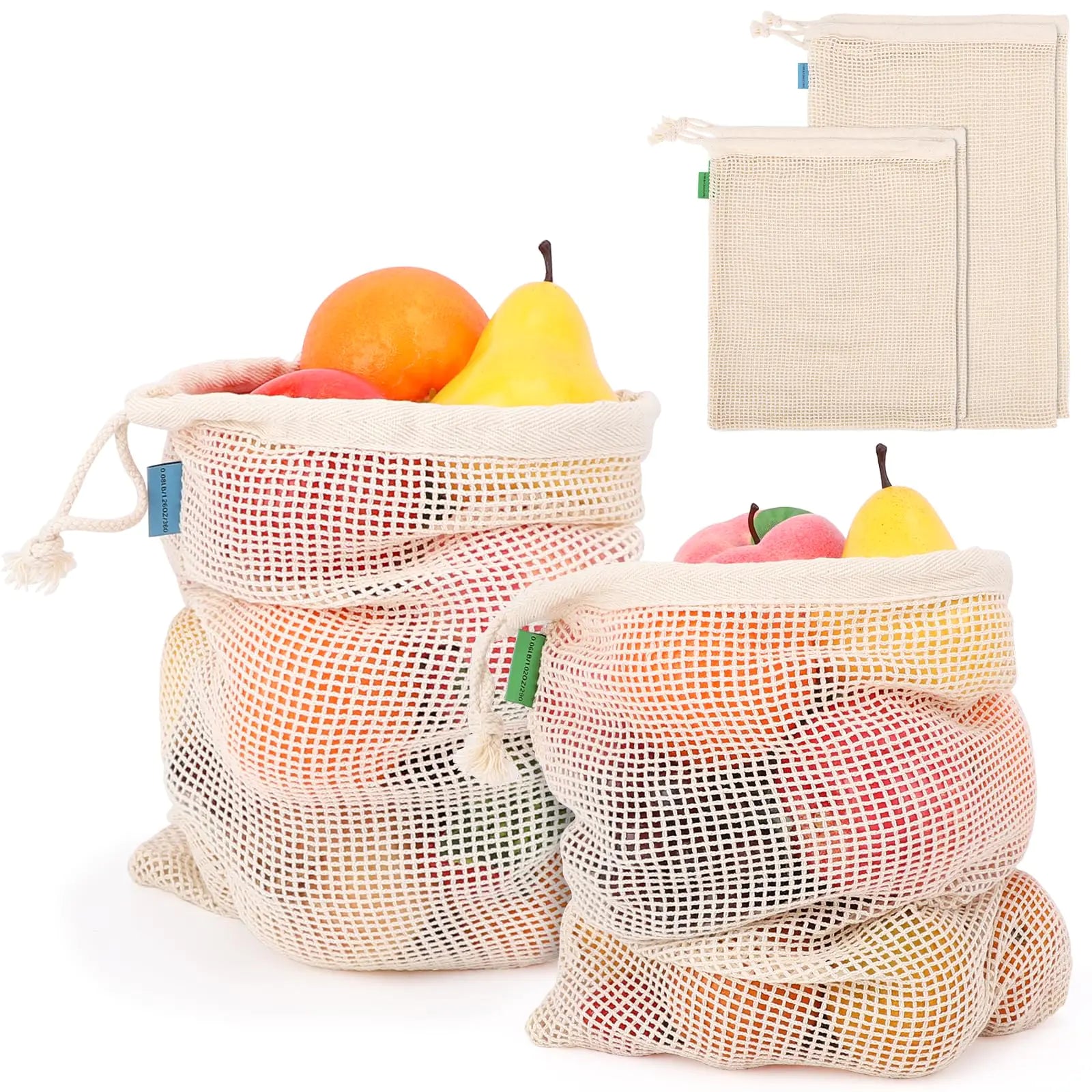 ENPOINT Pack of 6 Reusable Grocery Bags 2 Sizes (3xM+3xL) Reusable Shopping Bags Heavy Duty Cotton Bag Produce Bags Reusable Washable Enhanced Closure Edge Double Stitched with Tare Weight