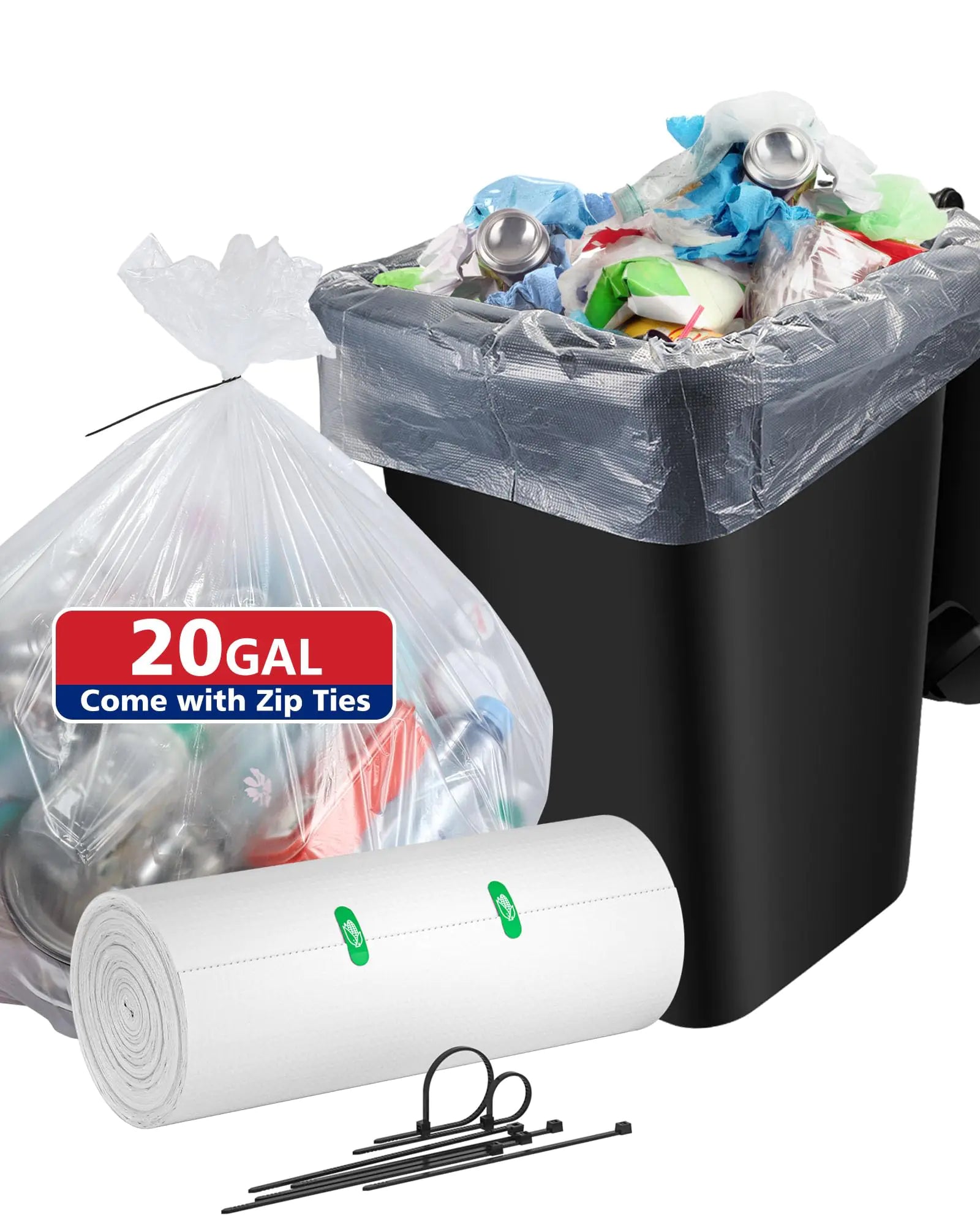 AYOTEE 20 Gallon Trash Bags Clear Trash Bags 30"W x 35"H Tall Kitchen Trash Bags Contain 50% Recycled Plastic (75.7L) with Zip Ties 25 Count 21 Gallon Trash Bags for Kitchen Recycling Outdoor