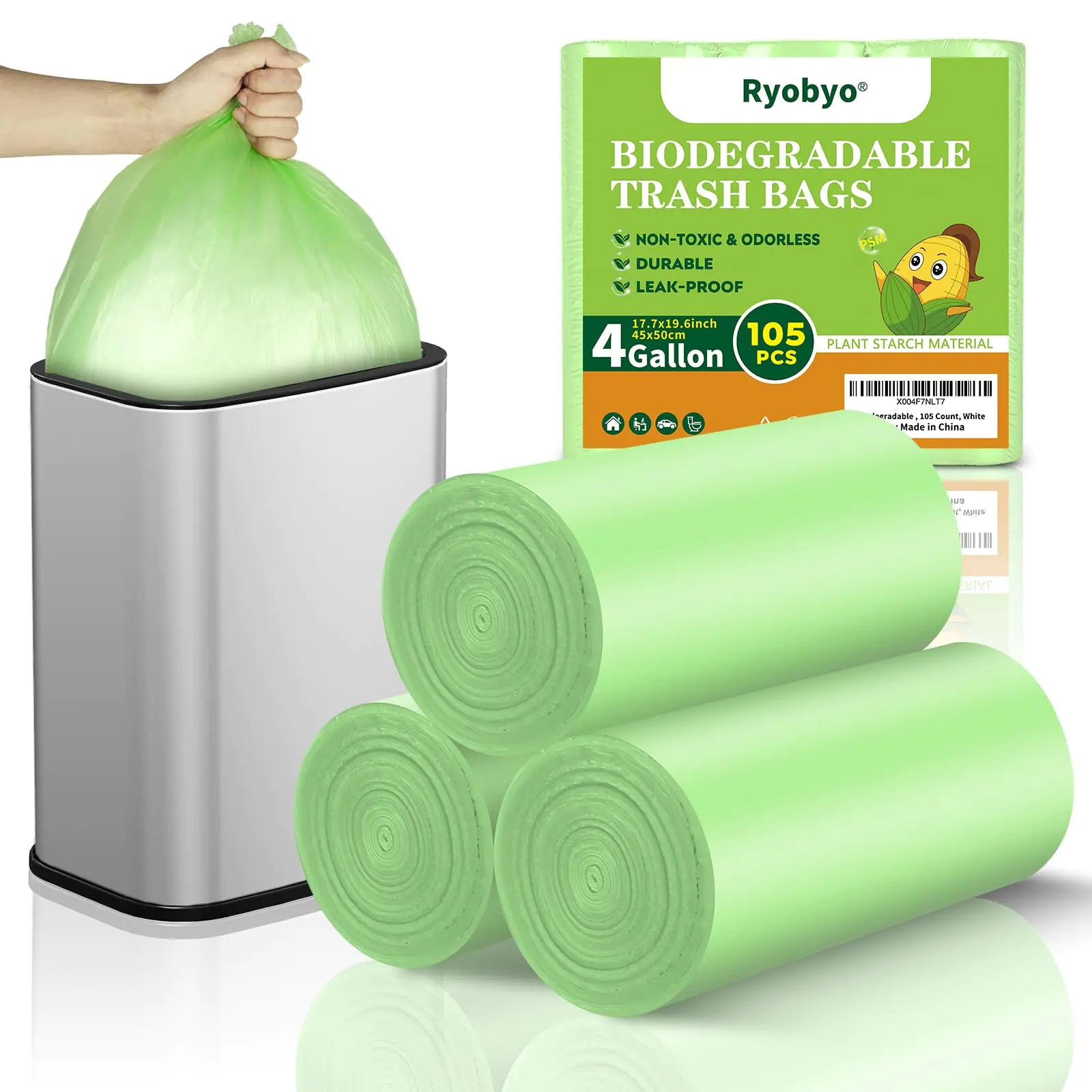 Ryobyo Biodegradable Small Trash Bags 4 Gallon Unscented Bathroom Trash Bags Easy Tearing Small Garbage Bags for Bathroom Bedroom Office Kitchen 105 Count Green