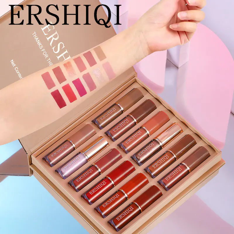 12 Pcs Kiss-Proof Velvet Matte & Glossy Lipstick Set - Hydrating Shades Gift Box