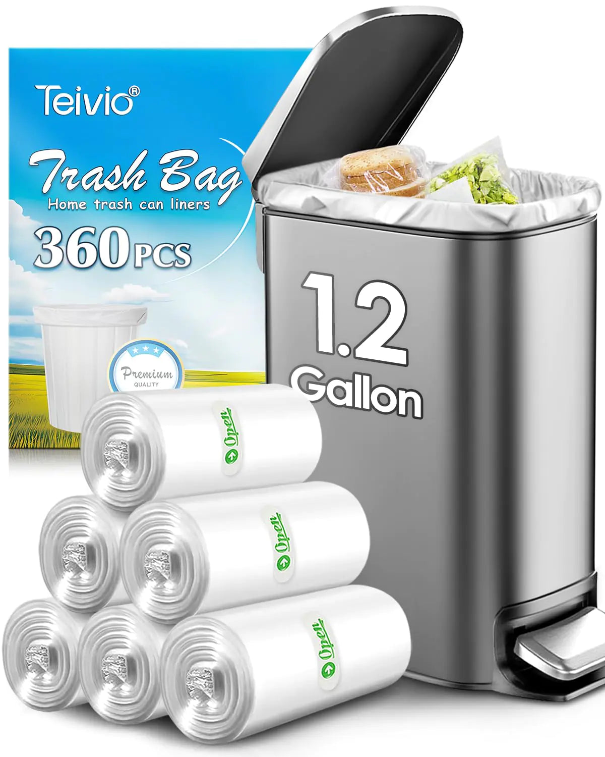 Teivio 1.2 Gallon 360 Counts Strong Trash Bags Garbage Bags Bathroom Trash Can Bin Liners Small Plastic Bags for Home Office Kitchen Kitchen (Clear)