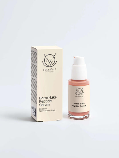 BelleVie Cosmétiques anti-ageing collection box with day cream, peptide serum, and smoothing eye care products.