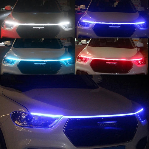 Blue LED daytime running light strip for car hood, 150cm decorative ambient lamp with auto engine hood guide, 12V.