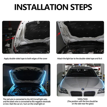 150cm blue LED daytime running light strip for car hood, decorative ambient lamp, auto engine hood guide, 12V, QGT Light Store