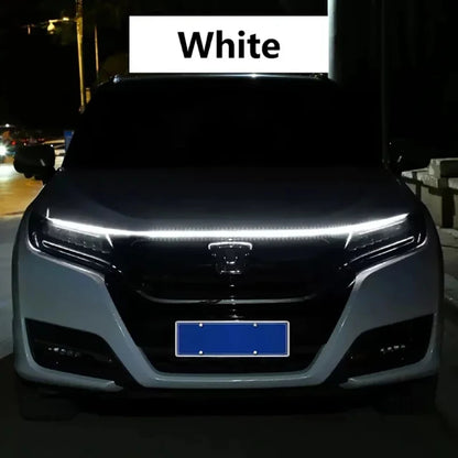 Blue 150cm LED daytime running light strip for car hood, decorative ambient lamp, auto engine hood guide, 12V, by QGT Light Store.